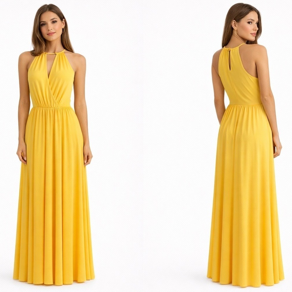 Ann Taylor Yellow Halter Maxi Dress Keyhole Wrap Bodice Gown XS - Picture 3 of 5